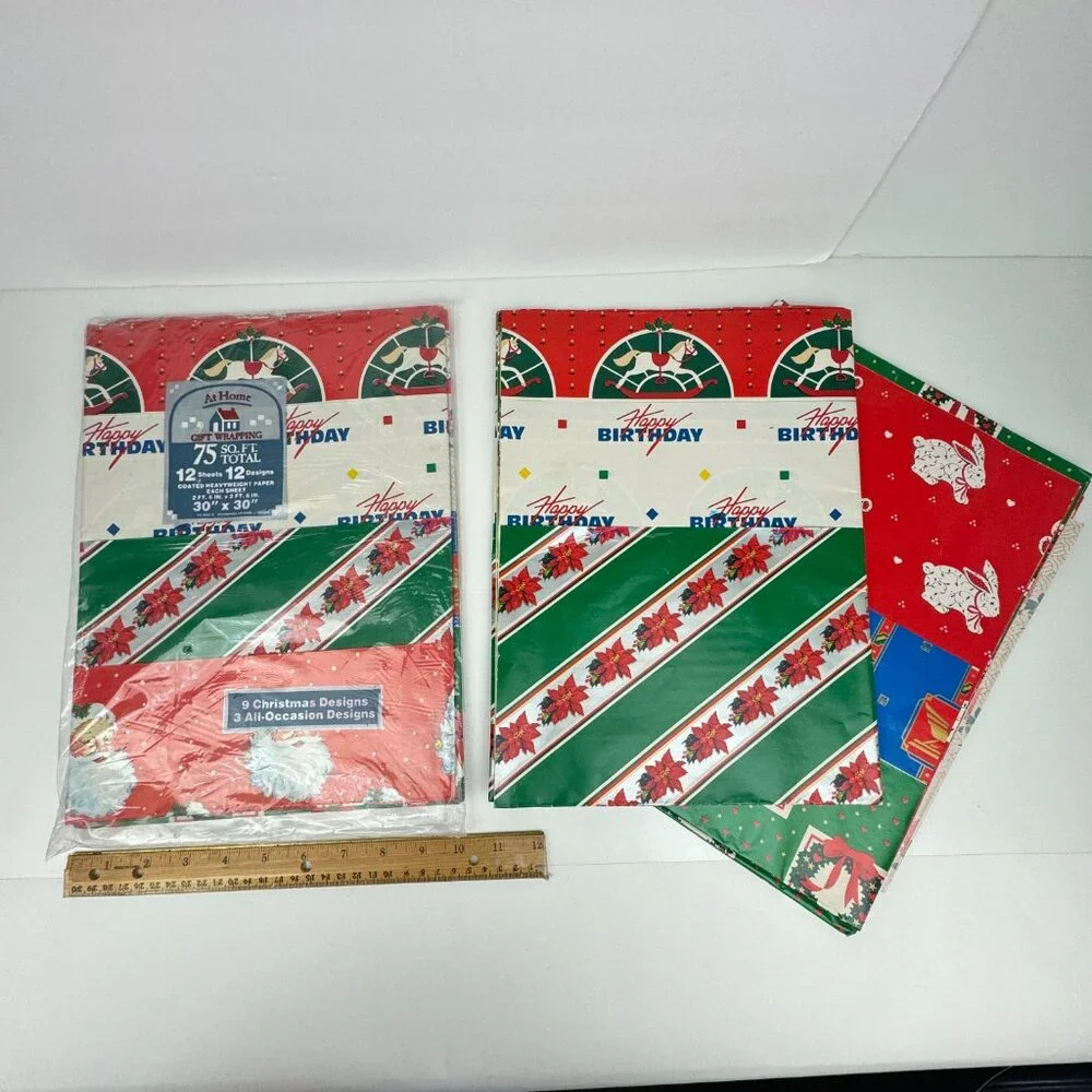 Vtg At Home Christmas Gift Wrapping Paper Sheets 1 Sealed Pkg Plus Some Extra